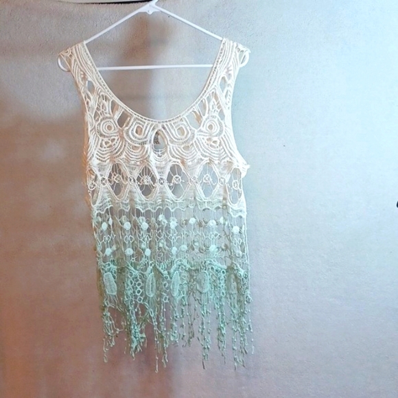 Vivid Collections Of N.Y. Womans  Green Tan Crochet New Top L - Picture 1 of 8